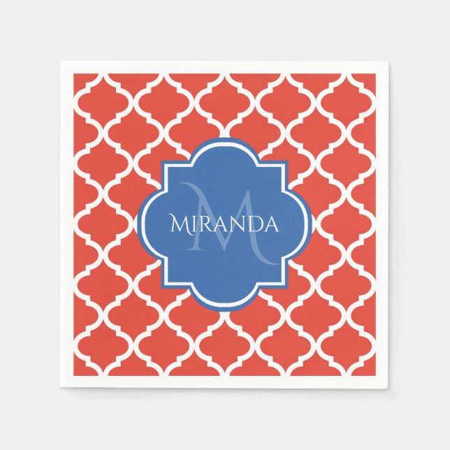 Serviette En Papier Monogramme et nom bleu Quatrefoil rouge tendance (Devant)
