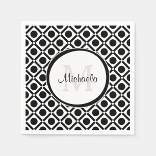Serviette En Papier Monogramme et nom géométriques noirs et blancs m