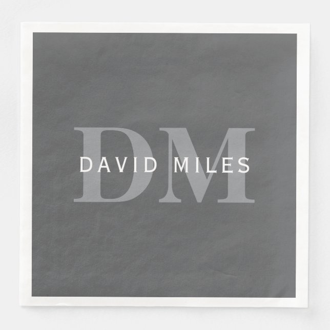 Serviette En Papier Monogramme et nom gris foncé moderne (Devant)