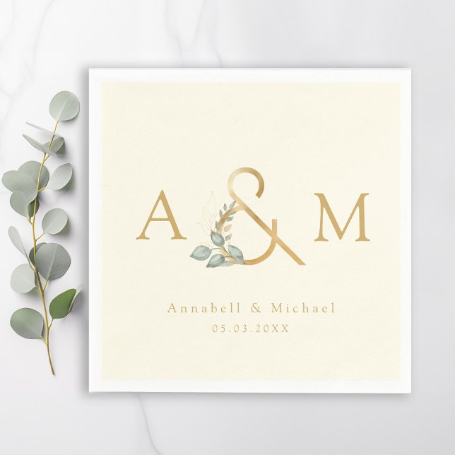 Serviette En Papier Monogramme, Eucalyptus Ampersand, Beige & Or (Monogram, Eucalyptus Ampersand, Beige & Gold Weddings Napkins)
