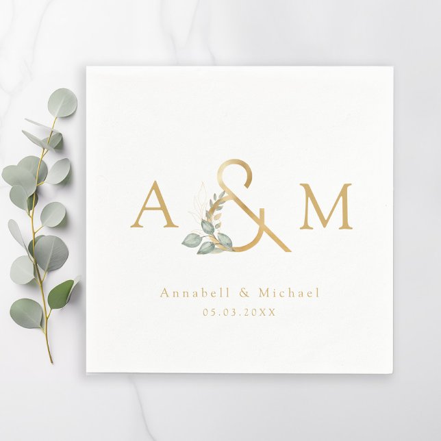 Serviette En Papier Monogramme, Eucalyptus Ampersand, Blanc & Or (Monogram, Eucalyptus Ampersand, White & Gold Wedding Napkins.)