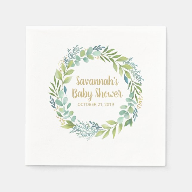 Serviette En Papier Monogramme Eucalyptus Baby shower de couronne vert (Devant)