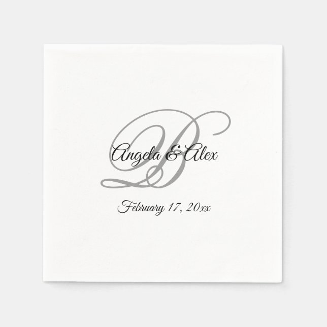 Serviette En Papier Monogramme fantaisie noir blanc et gris (Devant)