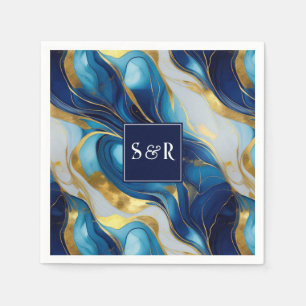 Serviette En Papier Monogramme Faux Mariage marbré or, bleu et blanc
