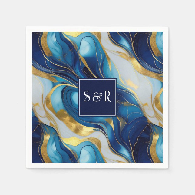 Serviette En Papier Monogramme Faux Mariage marbré or, bleu et blanc (Devant)