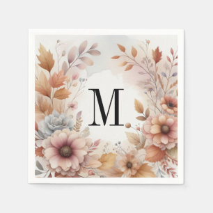 Serviette En Papier Monogramme Feuilles de automne et fleurs aquarelle