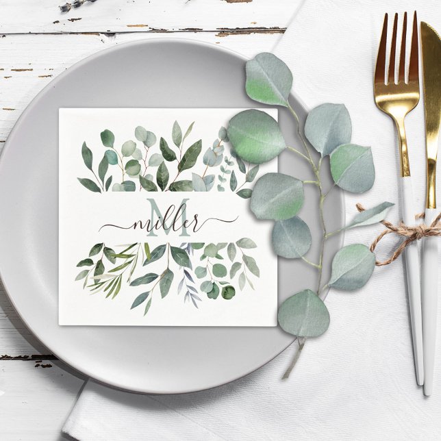 Serviette En Papier Monogramme feuilles de verdure d'eucalyptus vert s (In situ)