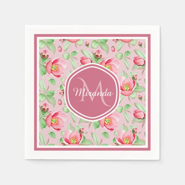 Serviette En Papier Monogramme Fleur de Pommier Rose (Devant)