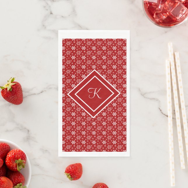 Serviette En Papier Monogramme flocon de neige rouge blanc Noël Fêtes  (En situation)
