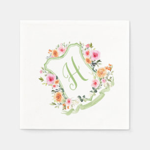 Serviette En Papier Monogramme Floral Aquarelle Crest, vert et rose