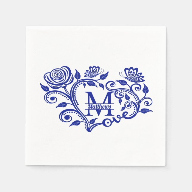 Serviette En Papier Monogramme floral bleu marine personnalisé M (Devant)