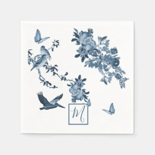 Serviette En Papier Monogramme floral chic blanc bleu