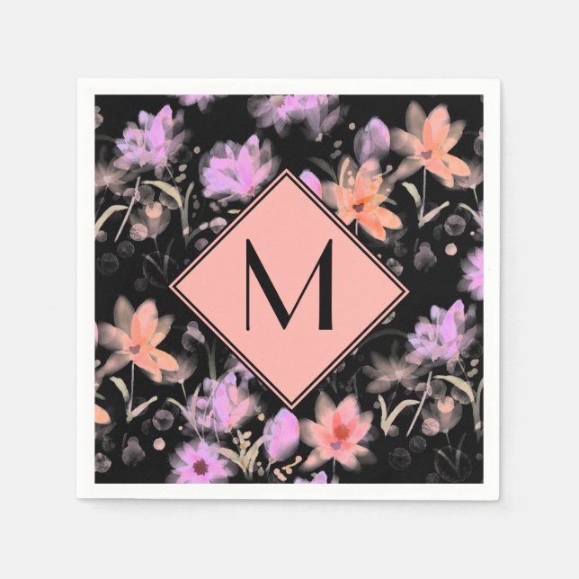 Serviette En Papier Monogramme floral classe noir et rose corail (Devant)