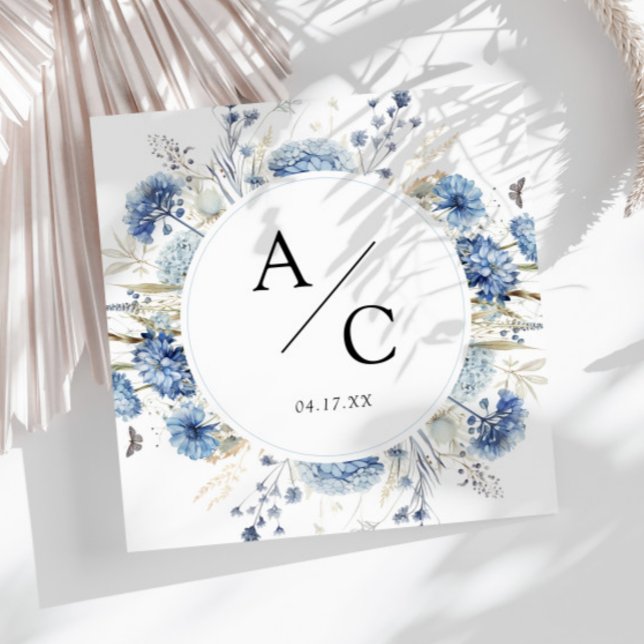 Serviette En Papier Monogramme floral hydrangea bleu poussiéreux (Créateur téléchargé)
