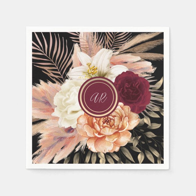 Serviette En Papier Monogramme Floral Noir de Mariage (Devant)