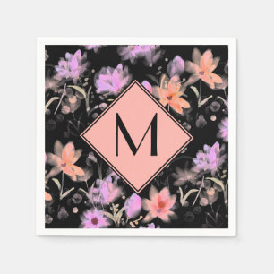 Serviette En Papier Monogramme floral noir et blanc de corail rose