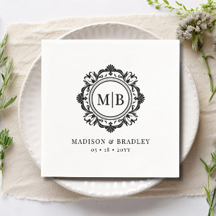 Serviette En Papier Monogramme Floral Orné Mariage Élégant noir blanc
