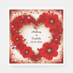 Serviette En Papier 🌸 Monogramme Floral Rouge Nom Fête de Fiançailles