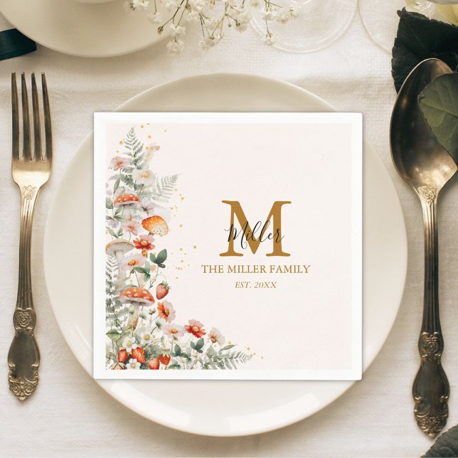 Serviette En Papier Monogramme Forêt Champignons Fleurs Florales botan (In situ)