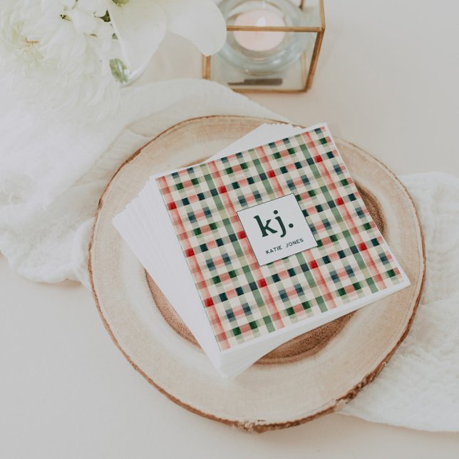 Serviette En Papier Monogramme Gingham Émeraude Doux (Créateur téléchargé)