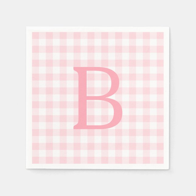 Serviette En Papier Monogramme Gingham Rose Pâle et Blanc (Devant)