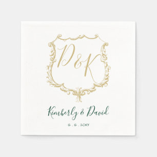 Serviette En Papier Monogramme Gold Crest et Mariage vert de forêt