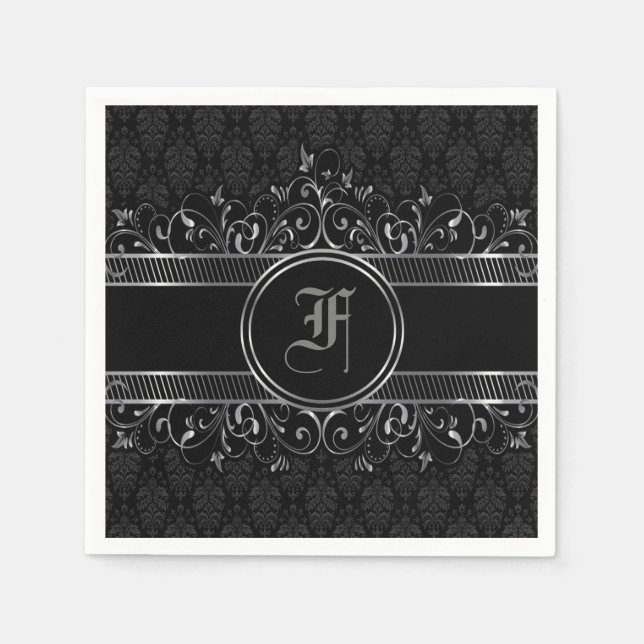 Serviette En Papier Monogramme gothique orné noir et argent (Devant)