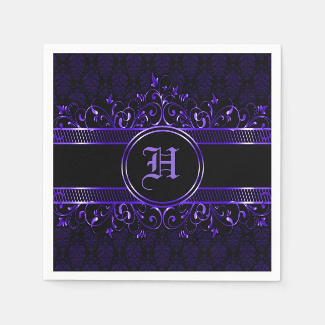 Serviette En Papier Monogramme gothique orné noir et pourpre (Devant)