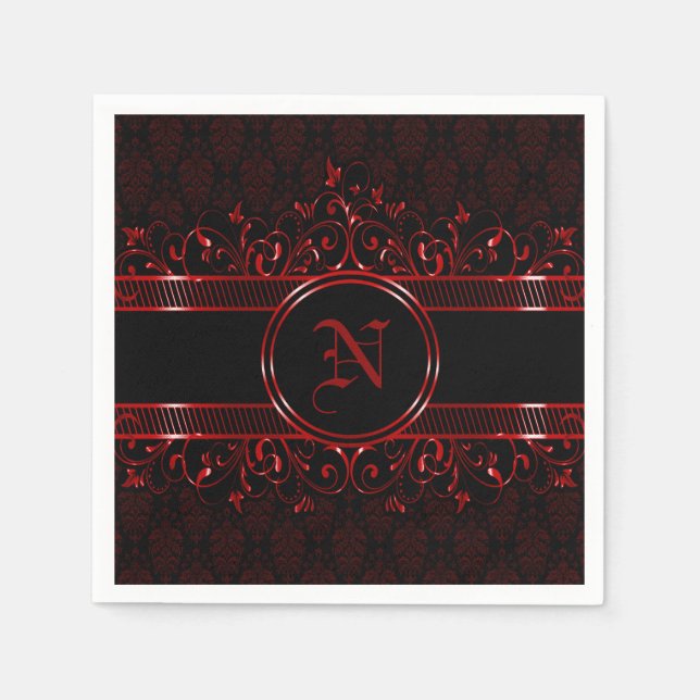 Serviette En Papier Monogramme gothique orné noir et rouge (Devant)