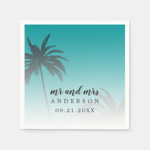 Serviette En Papier Monogramme Green Tropical Palm Tree Beach Mariage