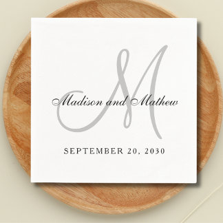 Serviette En Papier Monogramme gris noir simple Mariage élégant