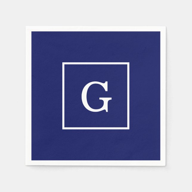 Serviette En Papier Monogramme Initial Cadre Bleu Marine Blanc (Devant)