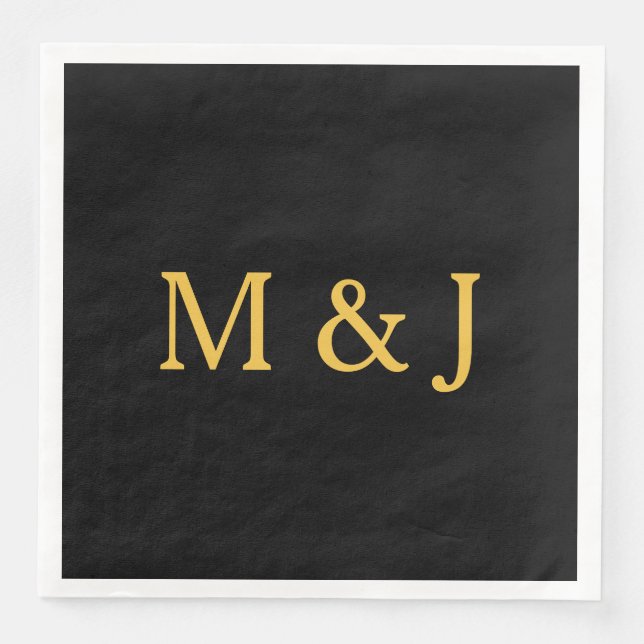 Serviette En Papier Monogramme initial Gold Noir Nom personnalisé Mode (Devant)