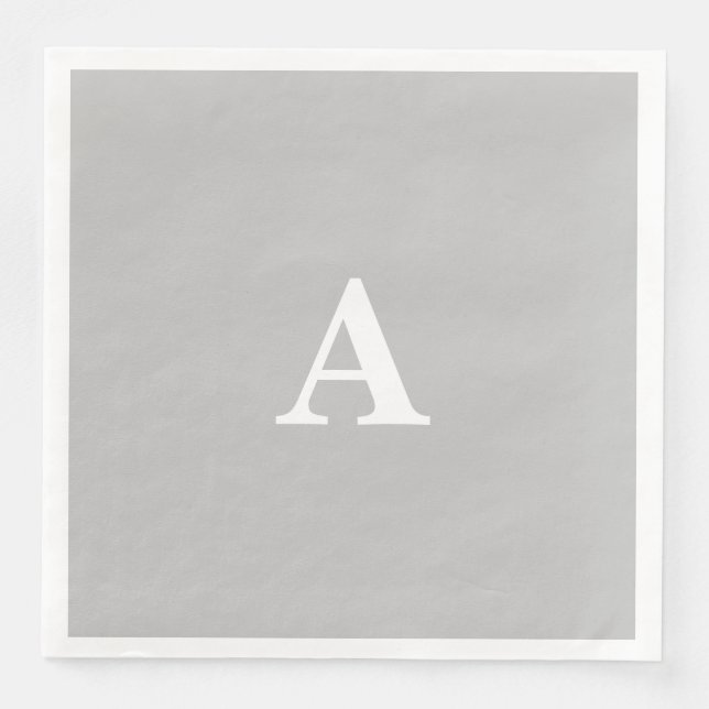 Serviette En Papier Monogramme Initial Nom personnalisé Gris Gris Blan (Devant)