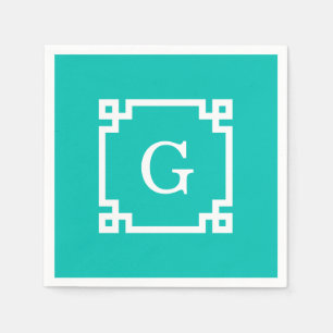 Serviette En Papier Monogramme initial principal grec blanc turquoise