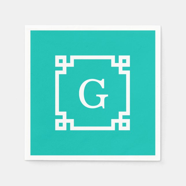 Serviette En Papier Monogramme initial principal grec blanc turquoise (Devant)