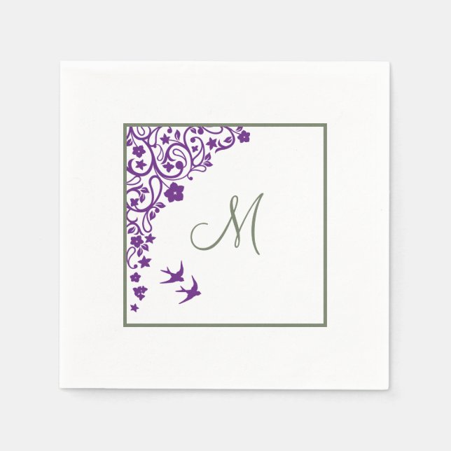 Serviette En Papier Monogramme initial script floral violet vert olive (Devant)