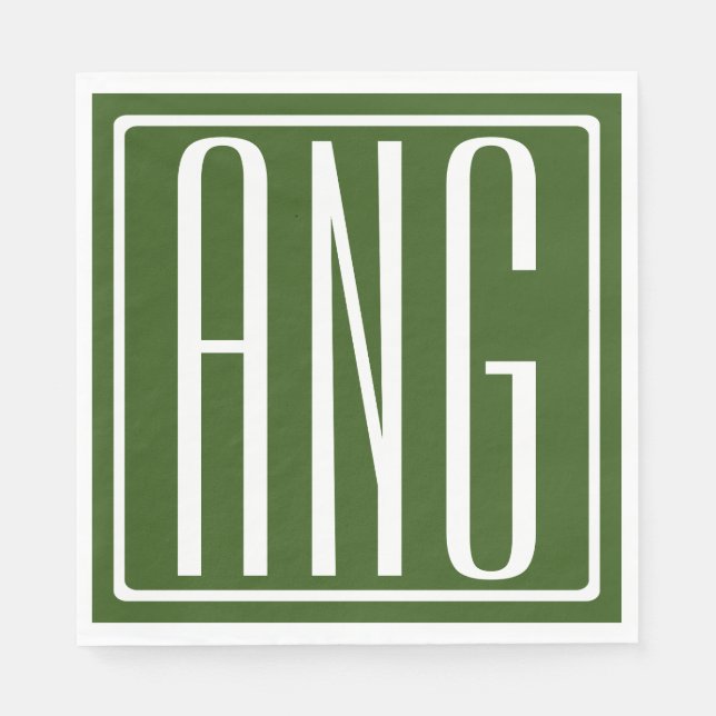 Serviette En Papier Monogramme initiales 3 gras moderne | Vert forêt (Devant)