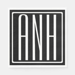 Serviette En Papier Monogramme Initiales 3 Moderne Gras Blanc Sur No