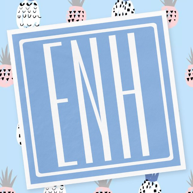 Serviette En Papier Monogramme Initiales 3 Moderne Gras | Bleu Clair (Créateur téléchargé)