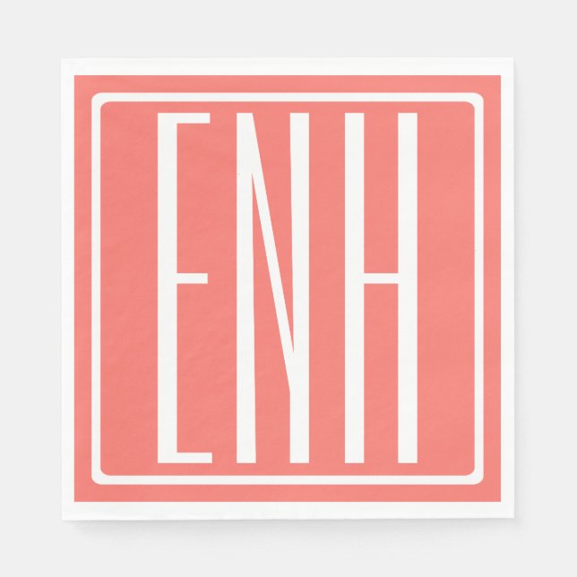 Serviette En Papier Monogramme Initiales 3 Modernes Gras | Corail (Devant)