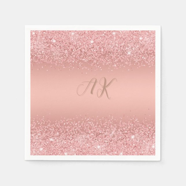 Serviette En Papier Monogramme Luxe Pailleté Or Rose Élégant (Devant)