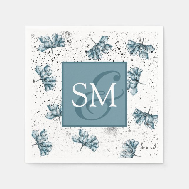 Serviette En Papier Monogramme Main peinte bleu Floral (Devant)