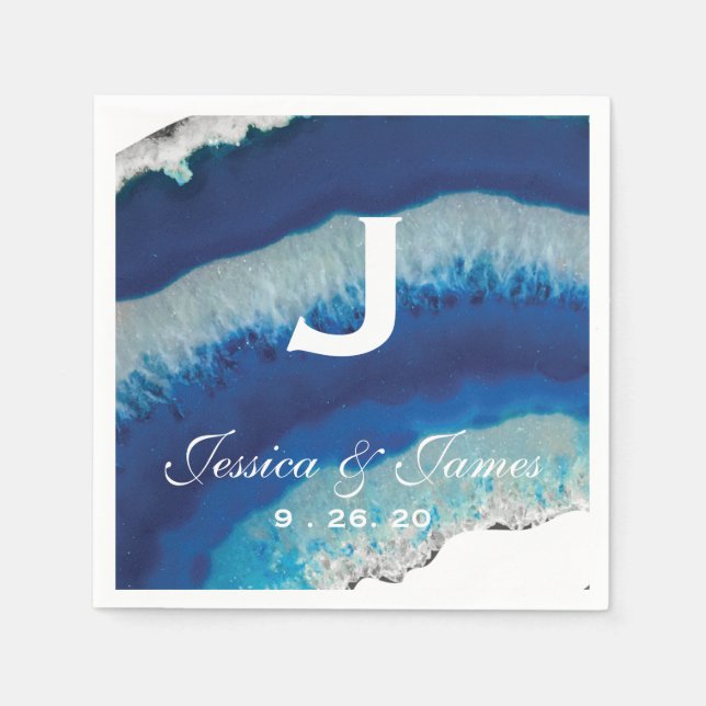 Serviette En Papier Monogramme Mariage bleu de la marine | Agate (Devant)