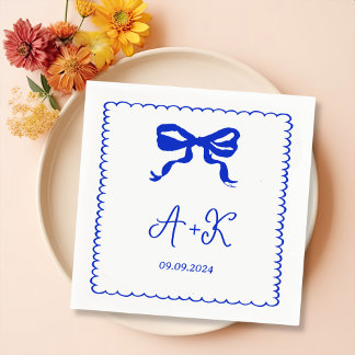 Serviette En Papier Monogramme Mariage bleu français tiré à la main