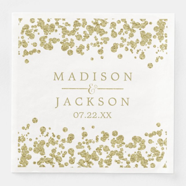 Serviette En Papier Monogramme Mariage Confetti Blanc & Or (Devant)