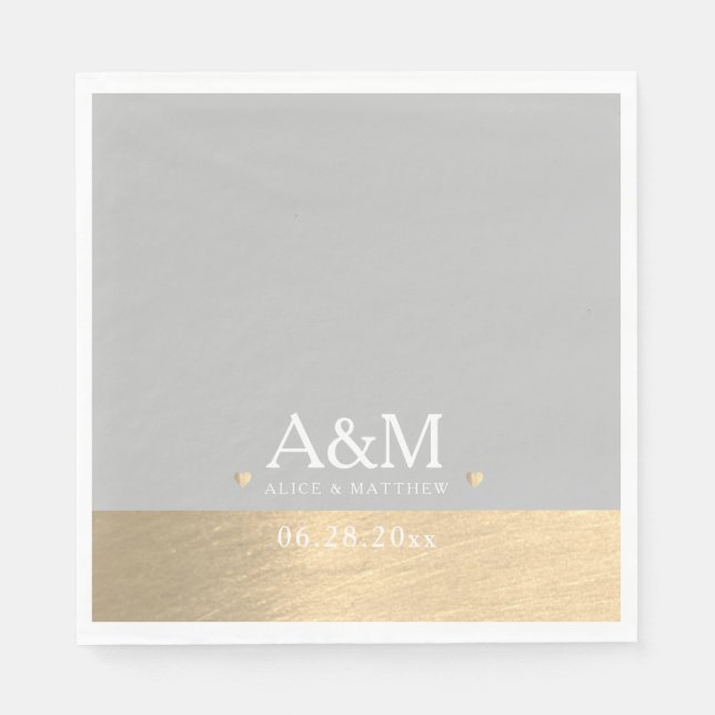 Serviette En Papier Monogramme Mariage Date spéciale Faux Gold Chic (Devant)