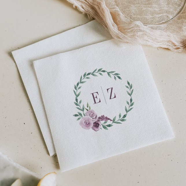 Serviette En Papier Monogramme Mariage de bois de feuillage floral vio (Créateur téléchargé)