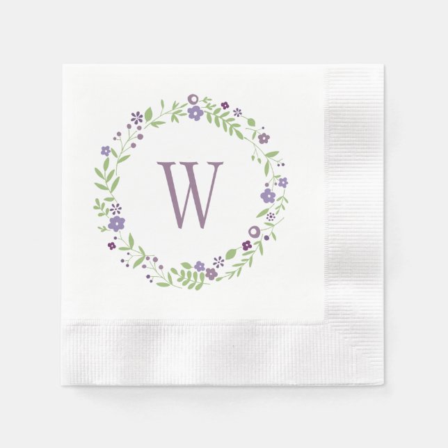 Serviette En Papier Monogramme Mariage de germe vert violet rustique (Devant)