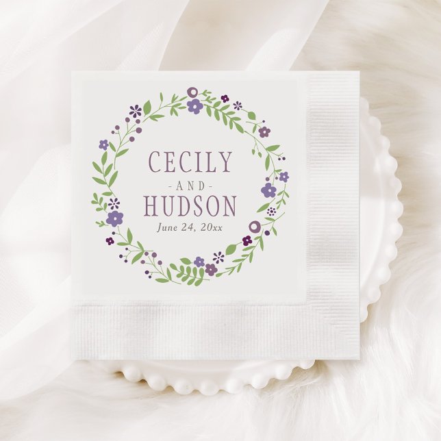 Serviette En Papier Monogramme Mariage de germe vert violet rustique (Créateur téléchargé)